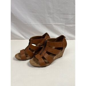Style & Co Womens Zip up Strappy Wedge Sandals Brown Faux Leather Sz 7.5M